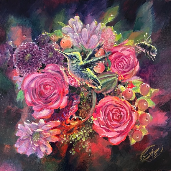 Artettina Other - Original hummingbird floral painting bumblebee ladybug bouquet flowers gift USA